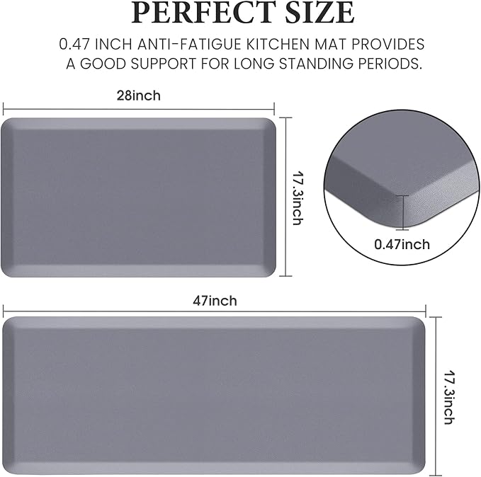 HappyTrends 2 PCS Kitchen Mat Cushioned Anti-Fatigue Floor Mat, Heavy Duty Ergonomic Comfort Foam Standing Mat, Waterproof Non-Slip Kitchen Rugs for Home, Office(17.3"x28"+17.3"x47",Grey)