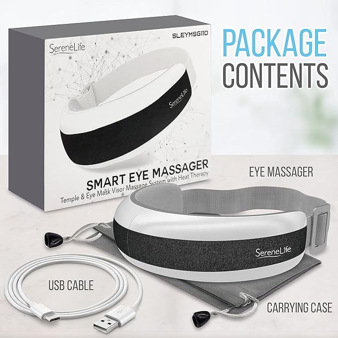SereneLife Stress Therapy Electric Eye Massager, Vibration Massage Eye Relief, Wireless Digital Mask Machine w/Soothing Music and Relaxing Heat Compress, Built-in Battery & Adjustable Elastic Band