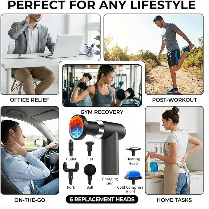 Hot and Cold Massage Gun - Detachable Extended Handle Massage Gun,Deep Tissue Massage Gun, Used for Relieving Pain in The Back/Muscles of The Neck/Body, with 6 Massage Heads, LCD Display