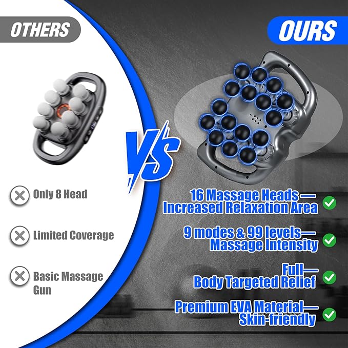 Massage Gun Deep Tissue, 16 Head Percussion Massager with 9 Modes & 99 Speeds, 22800 RPM Quad Motor Muscle Massager for Back Neck Shoulder Legs, Quiet Type-C Rechargeable, Gift for Men Women