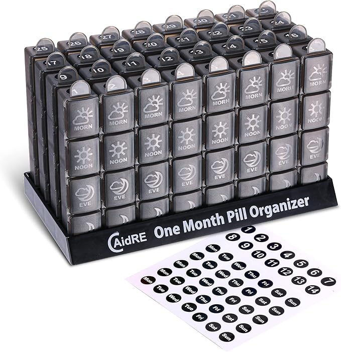 Monthly Pill Organizer 4 Times A Day, One Month Pill Organizer, Monthly Pill Box Organizer with 32 Daily Compartments for Fish Oil, Vitamins and Medications, 31 Day Pill Case, Black