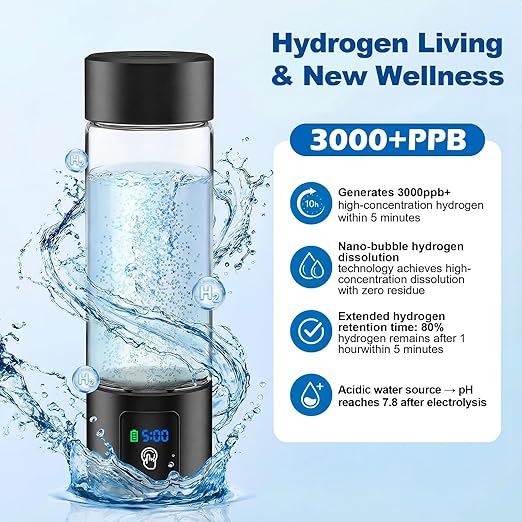 Hydrogen Water Bottle Generator with Display - 5-Min 3000PPB+ Nano Bubble H2 Infusion - pH7.8 Alkaline Water, 460ml Leak-Proof Design with Type-C Charging, Suitable for Fitness, Outdoor and Office Use