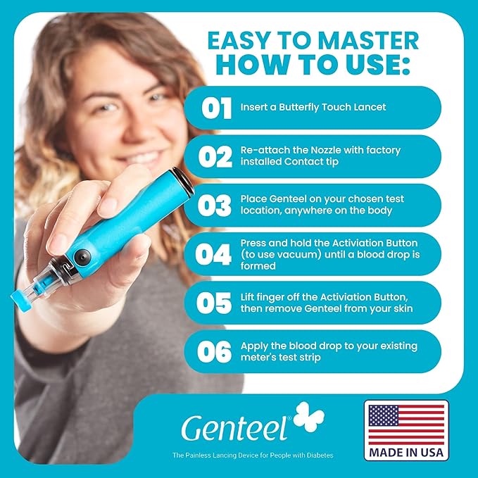 Genteel Lancing Device - Pain-Free Vacuum Lancing Device for Diabetes Testing - Blood Sugar, Glucose, Ketone, and DNA Home Tests (Butterfly Blue)