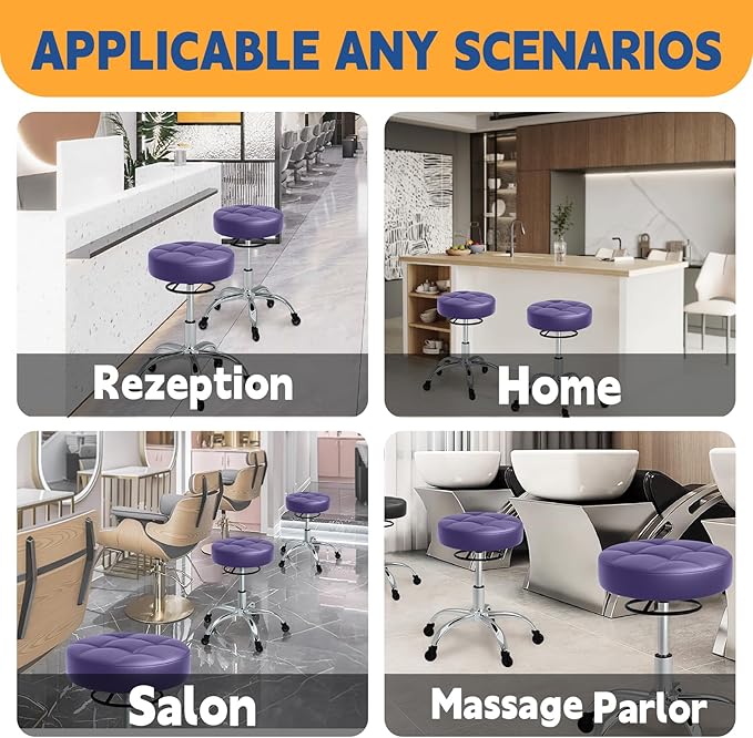 YEEZEE Heavy Duty 400lb Rolling Stool: Super Soft Leather Seat Cushion, 360 Swivel, Height Adjustable, No Squeak, No Tip Over, Salon & Spa Stool, Purple