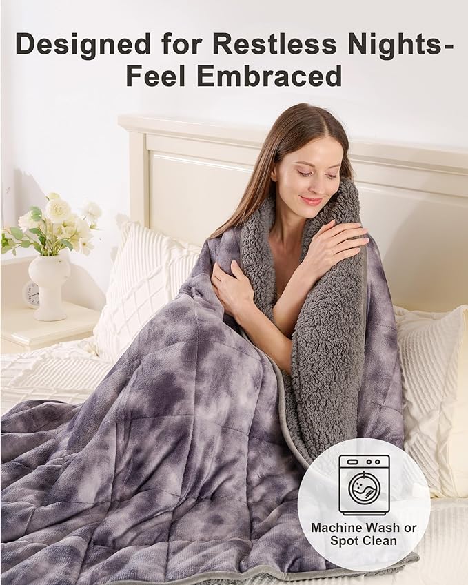 Ultra-Soft Weighted Blanket 15 lbs for Adults, Plush Sherpa Fleece Reversible Weighted Throw Comfort for Relaxation & Cozy Evenings, Hug-Like Security, Evenly Distributed, W48 x L72, Tie-Grey
