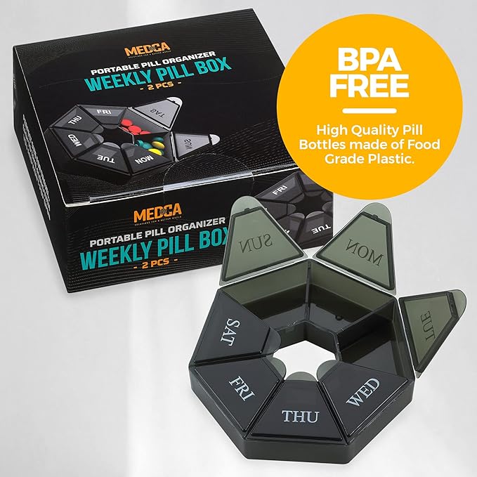 Weekly Pill Organizer - (Pack of 4) 7-Day Pill Container - Arthritis Friendly Portable & Compact Travel Case Daily Compartment Medicine Pills Box for Supplements, Medication, Vitamins and Fish Oils