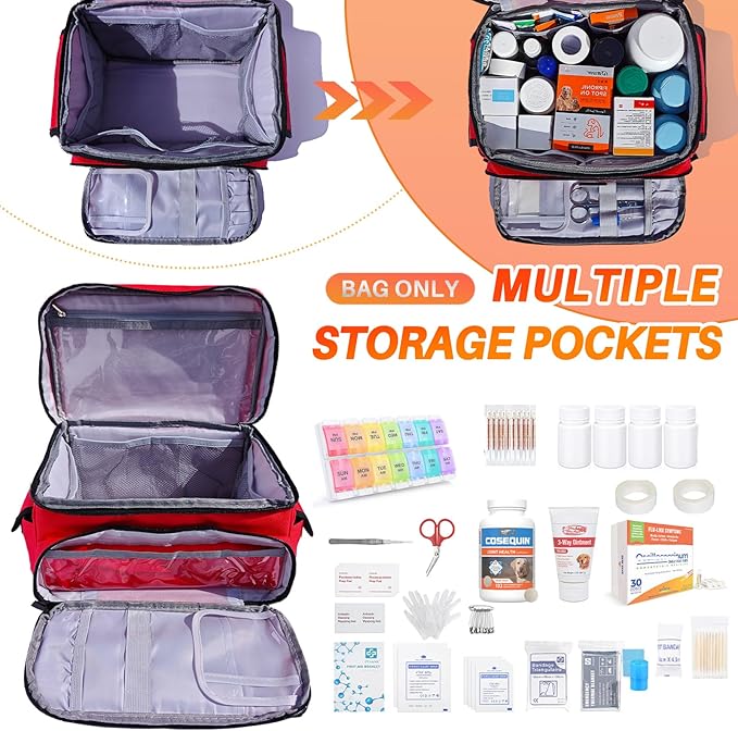 First Aid Bag Empty 12" x 9" x 7" Medical Bag Red Pill Bottle Organizer Portable Emergency Bag Travel Medicine Kit Storage Case First Aid Box for Car, Home, Office, Dorm, Outdoor (Small)
