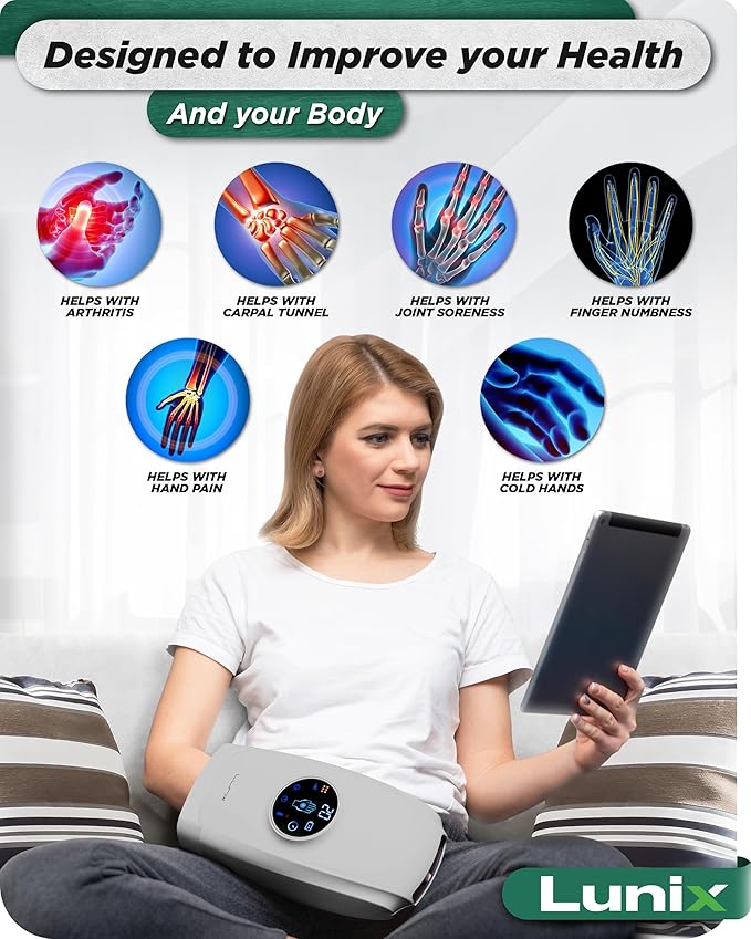 Lunix LX7 FSA Carpal Tunnel & Wrist Pain Relief Device, Heated Air Compression Hand Massager for Arthritis, Mothers Day Gifts for Women & Mom, Touchscreen, Cloud Gray