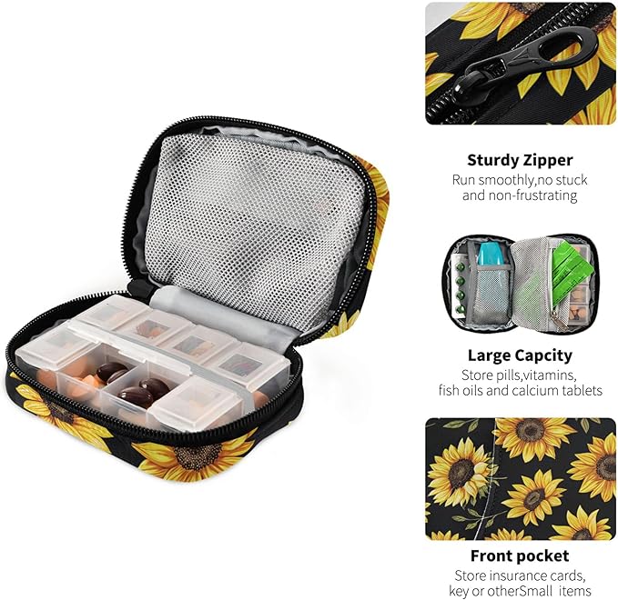 Kigai Sunflower Pill Case Weekly Pill Box Portable Travel Pill Bag Organizer with Zipper for Vitamins, Medication and Supplements