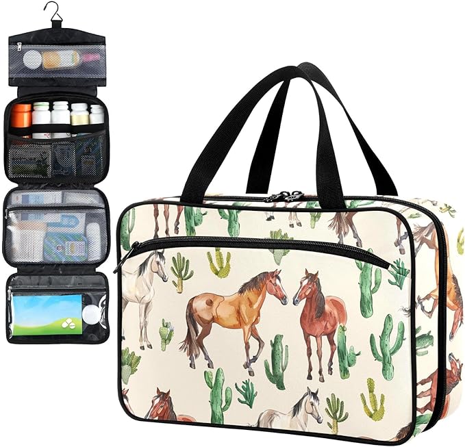 Fustylead Watercolor Hand Draw Horses and Cactus Pill Organizer Bag Large Medicine Travel Carrying Case with Zipper for Vitamin Supplements Fish Oil, Empty First Aid Kit for Hiking Camping