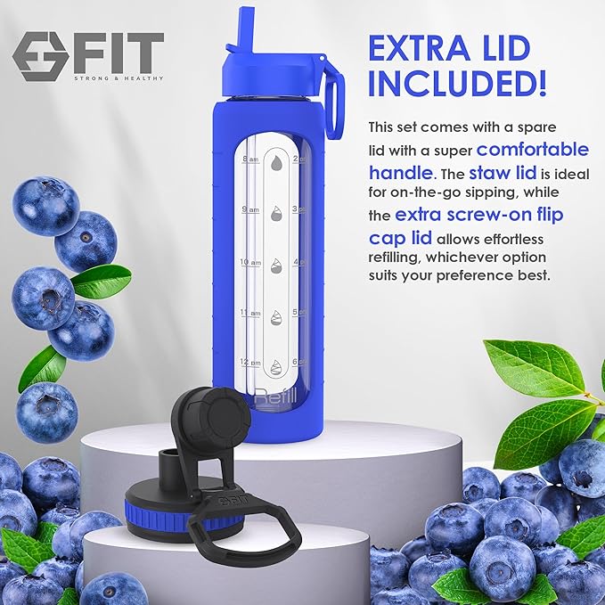 FIT Strong & Healthy 32 oz Glass Water Bottle with Straw Lid - Wide Mouth Borosilicate Glass Water Bottles with Time Marker, Silicone Sleeve & Extra Lid - 1L Large Motivational Drinking Bottle