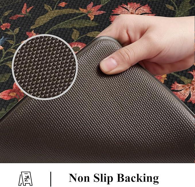 Collive Kitchen Mats for Floor 2PCS, Cushioned Anti Fatigue Mat Non Slip Waterproof Kitchens Sink Rug, Floral Comfort Padded Standing Mat for Laundry, Desk, Bar, Office, 17.3"x29"+17.3"x47", Black