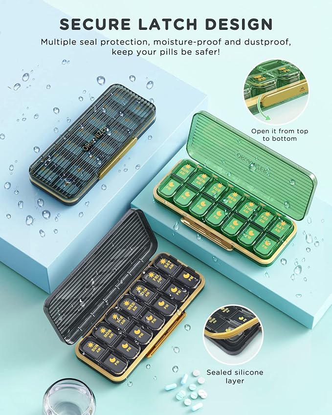 Am Pm Pill Organizer, Weekly Pill Box 2 Times A Day - Acedada 7 Day Pill Organizer with 7 Separate Containers, Portable Daily Medicine Dispenser Case for Vitamin, Fish Oils, Supplements, Stylish Blue