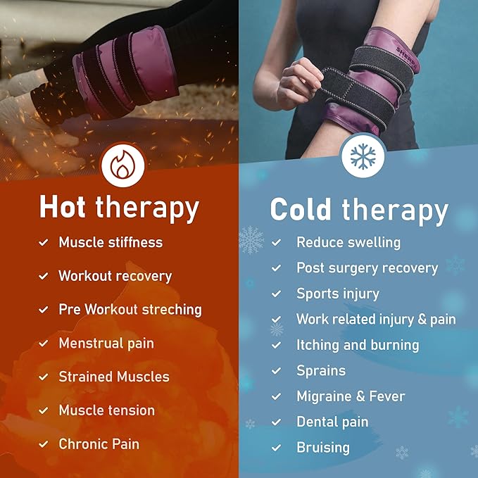 Medium Gel Ice Packs for Injuries Reusable Wrap with Straps - Hot and Cold Pack for Pain Relief, Tennis Elbow, Ankle, Foot, Hand - 8" x 12" - Purple