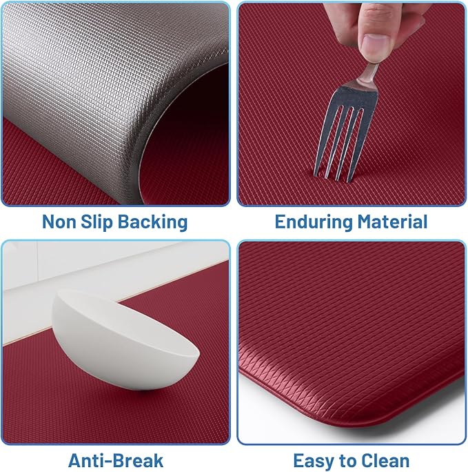 StepLively Kitchen Mat, 2 PCS Kitchen Rugs, Cushioned Kitchen Mats for Floor, Anti Fatigue Kitchen Rug Set, Non-Skid Standing Mat for Kitchen, Office, Sink, 17.3"x30"+17.3"x59", Red