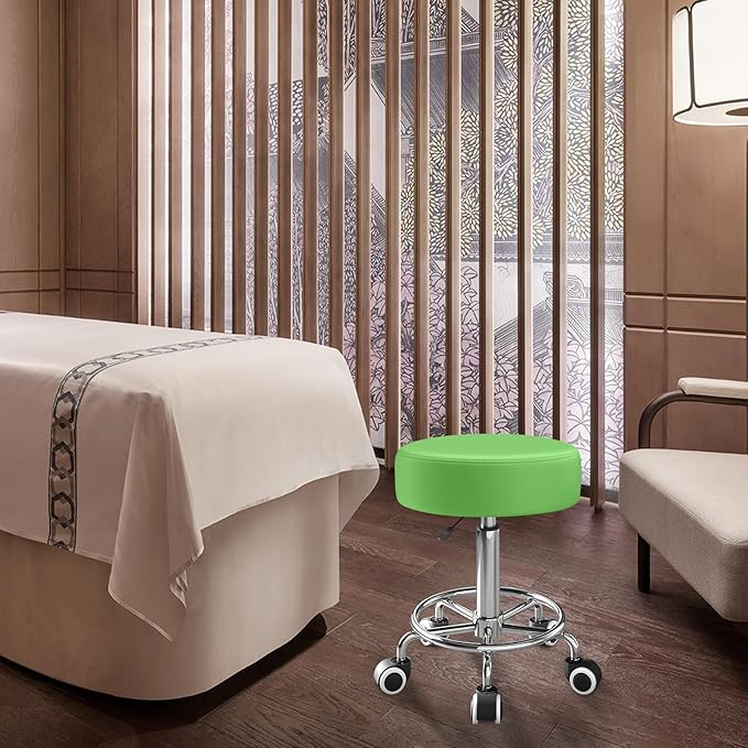 Rolling Stool, Heavy Weight Capacity 250lb, PU Leather Rolling stools, Ultra Soft Padded Seat, Rolling Stools with Wheels and Footrest, 360° Swivel, Spa Drawing Salon Work Office Tattoo Stool (Green)