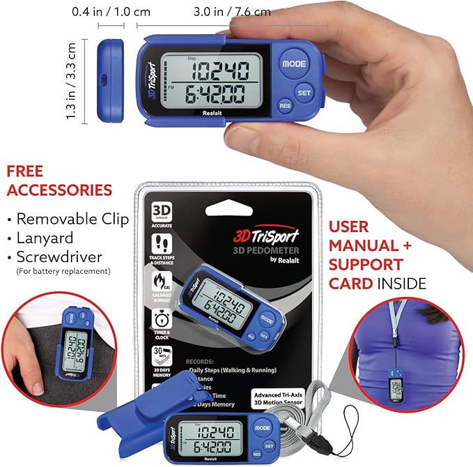 Realalt 3DTriSport 3D Walking Pedometer with Clip & Strap, Accurate Step Counter with 30-Day Memory, Distance in Miles/KM with Large Display Perfect for Seniors & Beginners, eBook Included