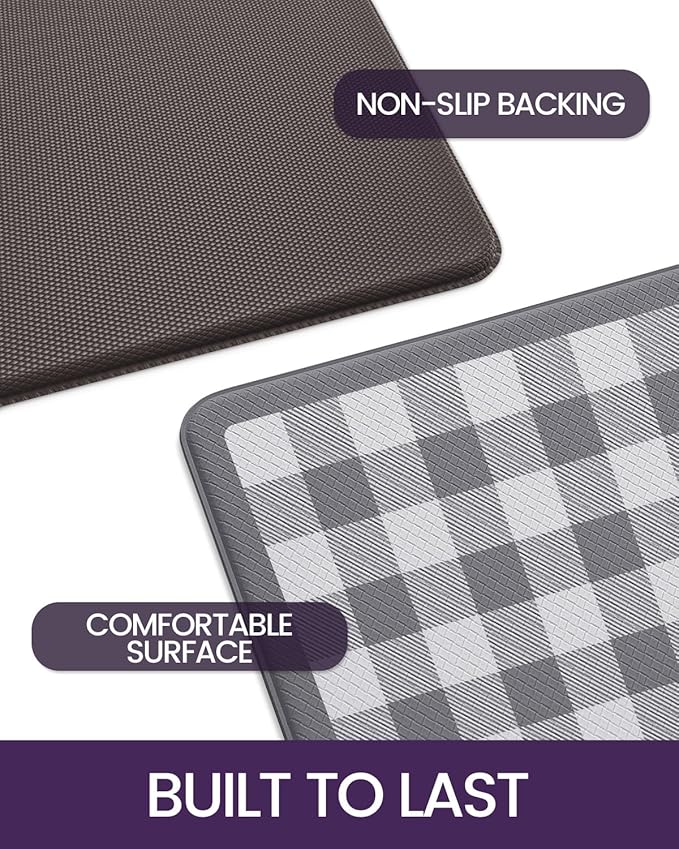 DEXI Kitchen Floor Mats Anti Fatigue, 20x29+20x59 Large Wide Cushioned Runner Rug Memory Foam, Waterproof Comfort Standing Padded Non Skid for Home Office Sink Laundry Grey and White Buffalo Plaid