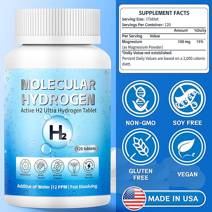 Hydrogen Water Tablets with Magnesium - 12 PPM H2 Molecular Hydrogen Tablets for Drinking Water, Fast-Dissolving, Antioxidant Support for Cellular Vitality, Energy Recovery, Non-GMO, 120 Count