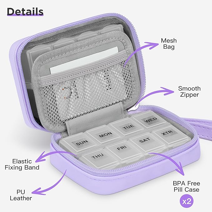 Zannaki Cute Pill Organizer for Purse with Two Removable 7-Day Pill Box, Travel PU Leather Pill Case, Portable Weekly Pill Container with Storage Bag to Hold Vitamins, Fish Oils, Supplements (Purple)