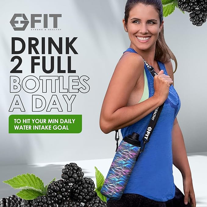 FIT Strong & Healthy 32 oz Glass Water Bottle with Straw Lid - Wide Mouth Borosilicate Glass Water Bottles with Time Marker, Silicone Sleeve & Extra Lid - 1L Large Motivational Drinking Bottle