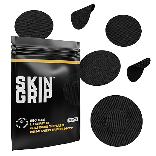 Skin Grip Freestyle Libre 3 Sensor Covers-Waterproof & Sweatproof Adhesive Patches for 10-15 Days (Not for Libre2), Pre-Cut CGM Diabetic Sensors Cover, Compatible with Instinct Sensors- 20 Pack, Black