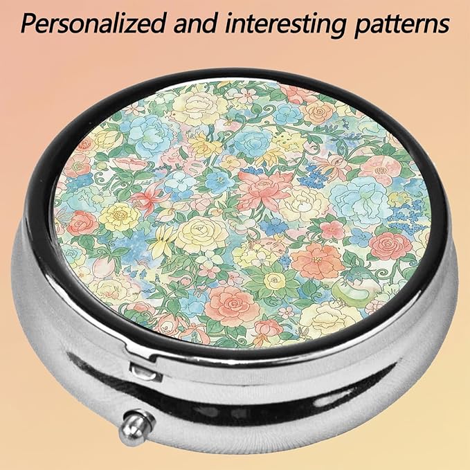 Round Pill Case Small Pill Box with Mirror Pocket 3 Compartment Vitamin Pill Medicine Case Organizer Pill Containers for Traveling Flower Blooming