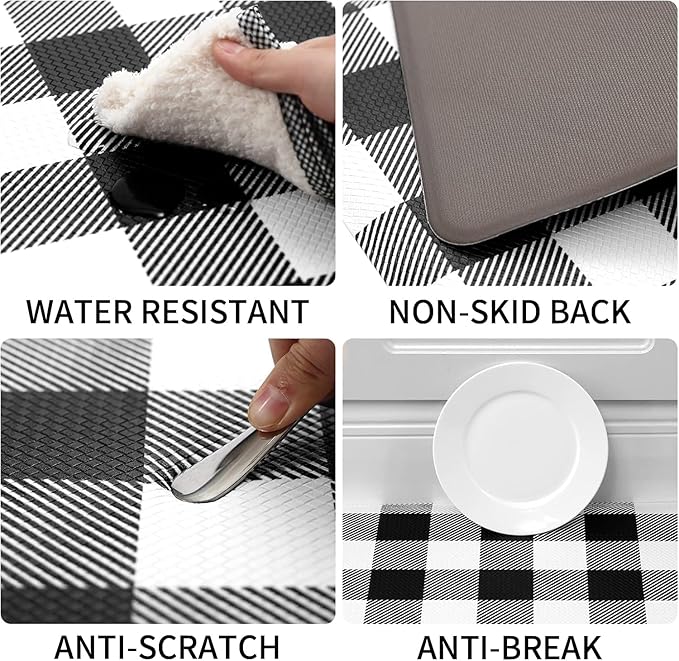 MAYHMYO Kitchen Mats Cushioned Anti Fatigue 0.47" Thick Black and White Buffalo Plaid Kitchen Rug Floor Mat Non Slip Waterproof Farmhouse Comfort Standing Mat for Home Office Sink