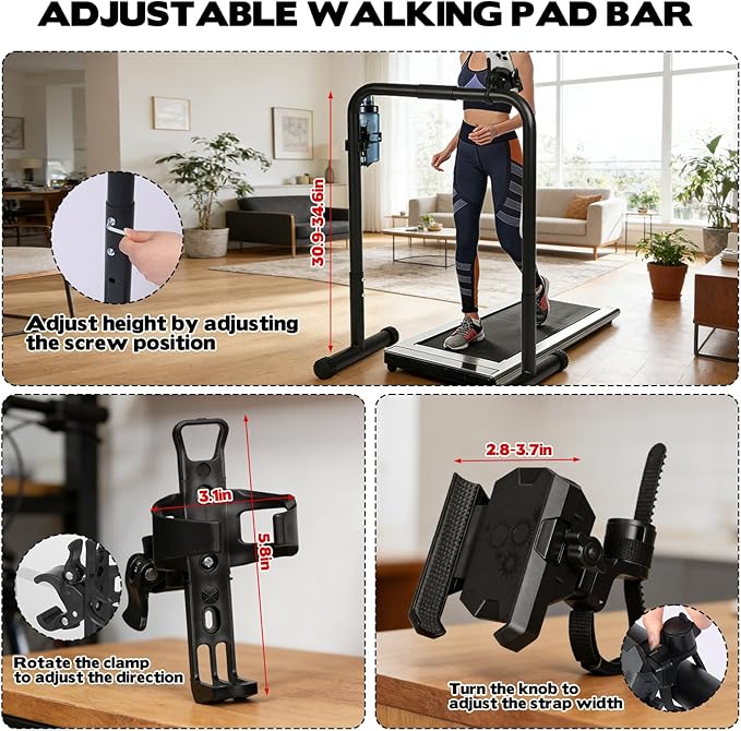 Walking Pad Handle Bar Attachment, Adjustable Treadmill Handrail Stand with Non-Slip Rubber Feet, Easy Assembly Safety Support for Under Desk Walking Pad, Home Office & Gym Use