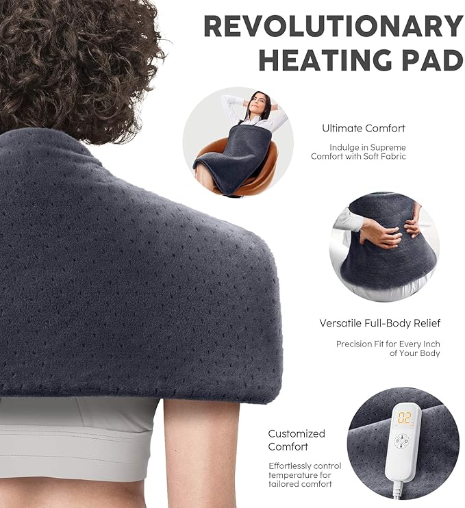 Heating Pad for Back Pain Relief, 33"x17" Electric Heating Pad for Shoulder, Neck, Cramp, Menstrual Pain, Christmas Gifts for Women Men Mom Dad - 6 Heat Settings and Auto-Off, Moist/Dry Heat pad, Gray