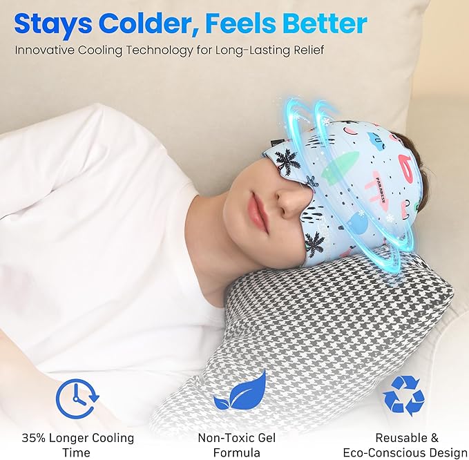 Migraine Relief Cap, Reusable Headache Relief Cap with Hot & Cold Therapy, Soothing Headache Hat, Odorless Gel Ice Head Wrap for Tension, Stress, Sinus & Headache, Beach Style, 1Pc
