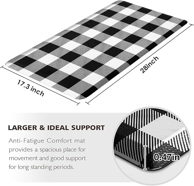 MAYHMYO Kitchen Mats Cushioned Anti Fatigue 0.47" Thick Black and White Buffalo Plaid Kitchen Rug Floor Mat Non Slip Waterproof Farmhouse Comfort Standing Mat for Home Office Sink