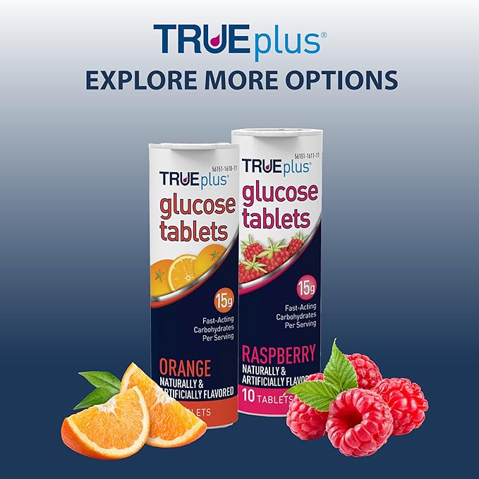 TRUEplus Glucose Tablets, Chewable, Raspberry Flavor, 15g Fast-Acting Carbohydrates, Fat Free, Gluten Free, Raise Low Blood Sugar and Boost Energy, 10 Count, 72 Tubes