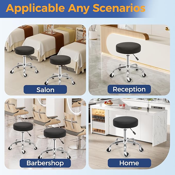 ANWBROAD Round Rolling Stool with Wheels Height Adjustment 360° Swivel Stool Heavy Duty Wide Chair PU Leather Soft Seat Cushion for Massage, Salon, Bar, Home, Office, Tatoo, Medical, Black UWSC001B