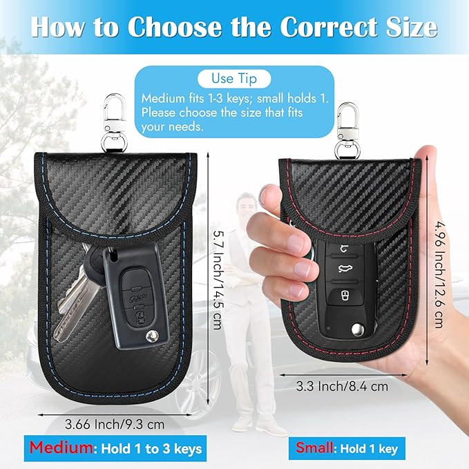 2 Pack Faraday Key Fob Protector, Car RFID Signal Blocking Pouch, Faraday Bag for Car Key Fob, Anti-Theft Case (Red+Blue, Medium)