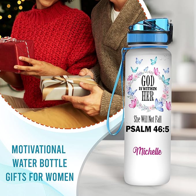Hyturtle Personalized Christian Water Bottle - 32oz Motivational Water Bottle with Leak-Proof Lid Time Marker - Custom Name Gift for Butterfly Butterfly Lovers Women Girls On Birthday Christmas