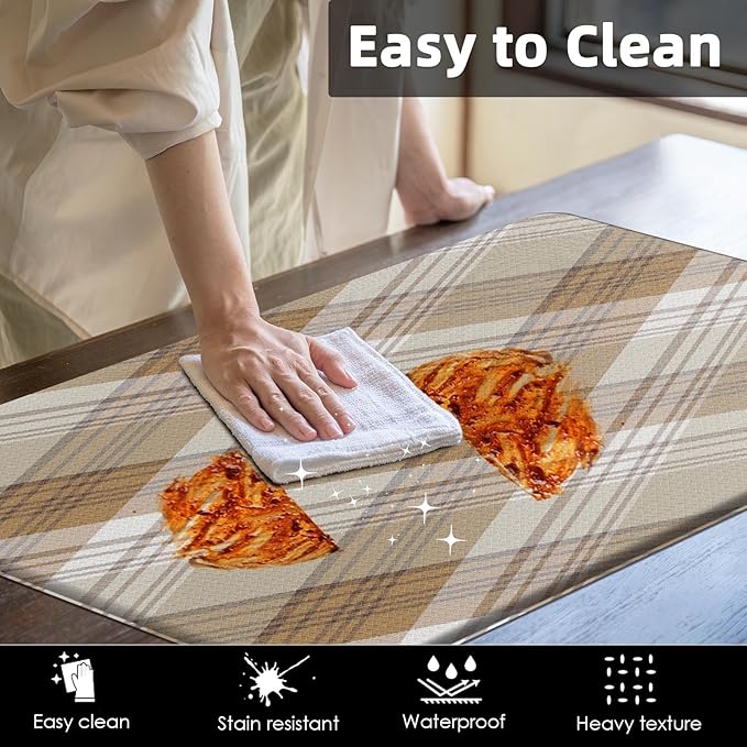 Arttown Beige Anti-Fatigue Kitchen Rug Set of 2 Plaid Cushioned Floor Standing Mat Waterproof Non-Slip Mat and PVC Ergonomic Comfort Foam Rug