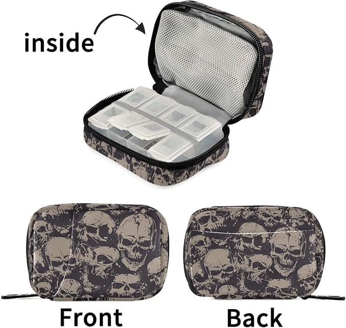 Skull Pill Box 7 Day Pill Case Travel Pill Organizer Bag Container for Medicine with Zipper Portable Weekly Case Compact Size for Medicine, Vitamin, Supplement