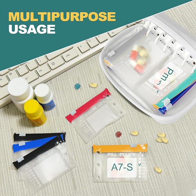 A7 Waterproof Pill Organizer with 14 S Zippered Pill Pouches for A7 Binder, Small BPA-Free Weekly Medicine Organizer, Color-Coded Reusable Travel Pill Storage System