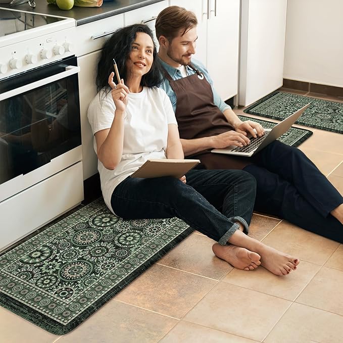 KIMODE Kitchen Mats for Floor Anti Fatigue, Farmhouse Green Kitchen Rugs Sets of 2, Cushioned Kitchen Floor Mats, Comfort Standing Mat for Sink, Laundry, Office, Desk 17"x59"+17"x29"