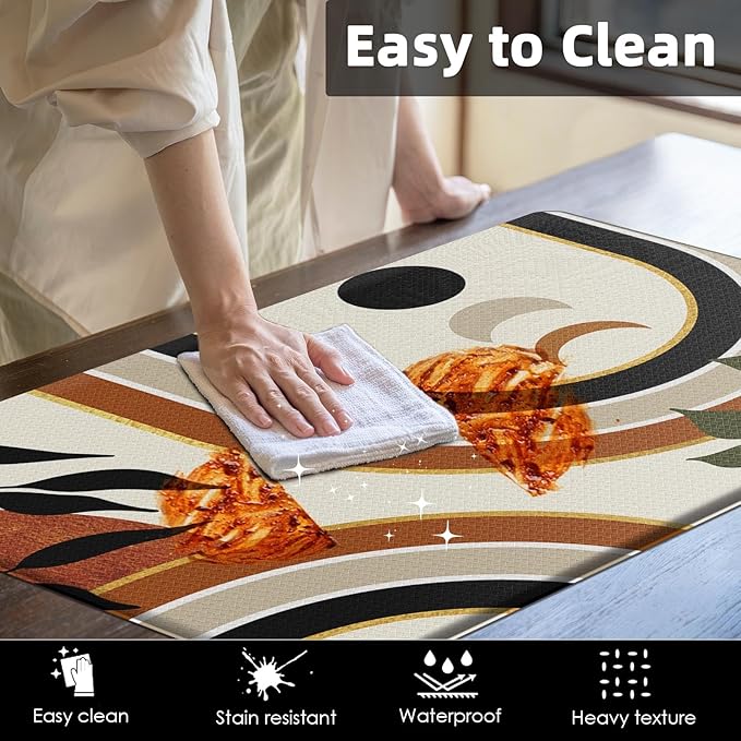 Kitchen Mats for Floor 2 PCS, Anti Fatigue Mat Set, Boho Cushioned Non Slip Waterproof Kitchen Rugs, Wipe Clean PVC Leather Runner for Sink, Laundry, Office, 17"x47"+17"x29", Orange