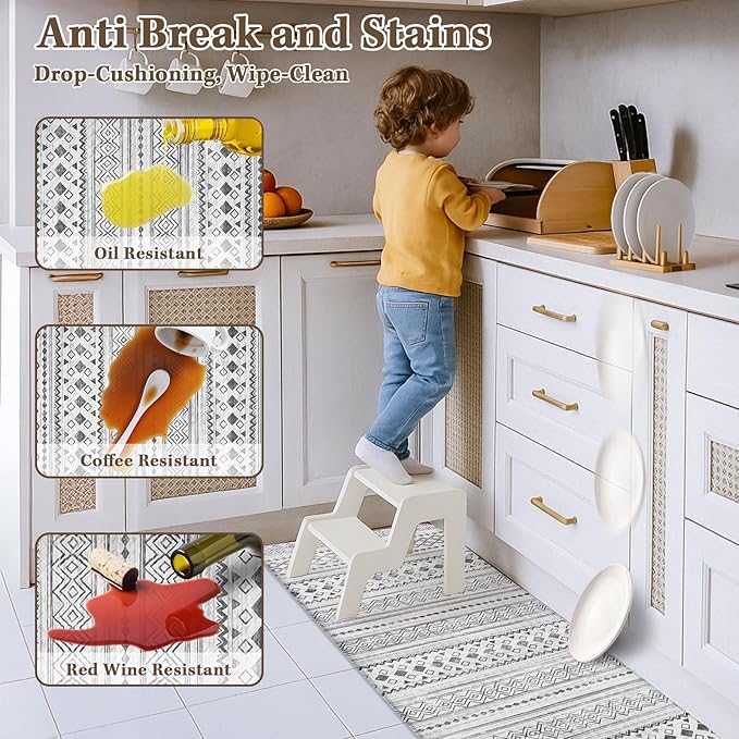 Arttown Moroccan Anti Fatigue Mats for Kitchen Floor, Boho Kitchen Mats Cushioned Anti Fatigue Rug, Waterproof Non-Slip Washable Kitchen Rugs - Grey
