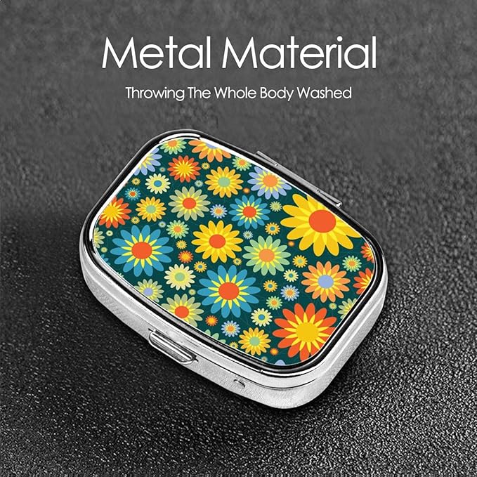Abstract Hippie Flower Print Square Metal Pill Box with 2 Compartment for Pocket or Purse Travel Bag Small Size 2.2 inche