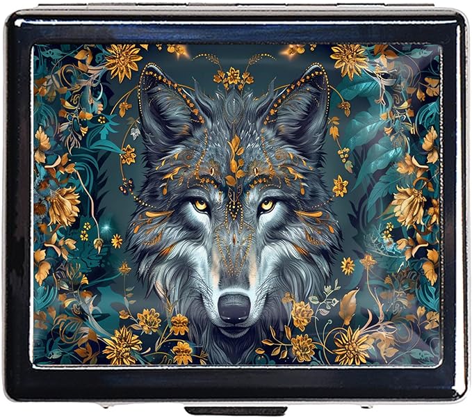 7 Day Travel Pill Organizer with Mirror Shiny Silver Chromed 8 Compartment Pill Box for Vitamins and Medications Compact and Stylish Medicine Case (The Wolf)