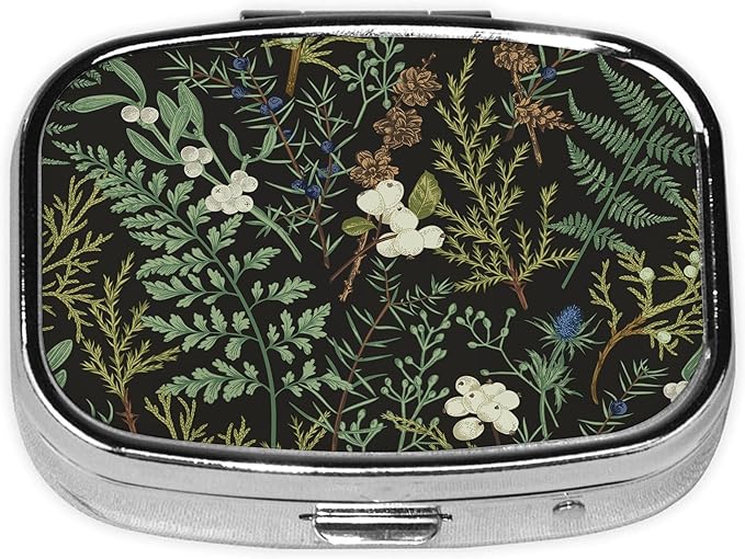 Vintage Botanical Pill Box-2 Compartment Small Pill Case Square Organizer Case with Mirror Portable Metal Medicine Box Travel Container for Pocket & Purse Women Men(Wild Plants)