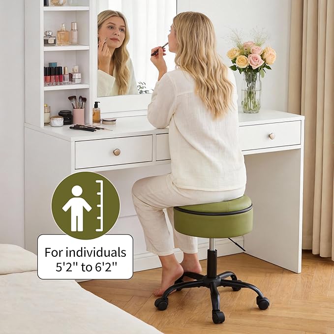 Salon Chair (Stool & Small Table in One) (Teacher Stool Adjustable Height 20.67"-24.61"), Green Vanity Chair with Storage