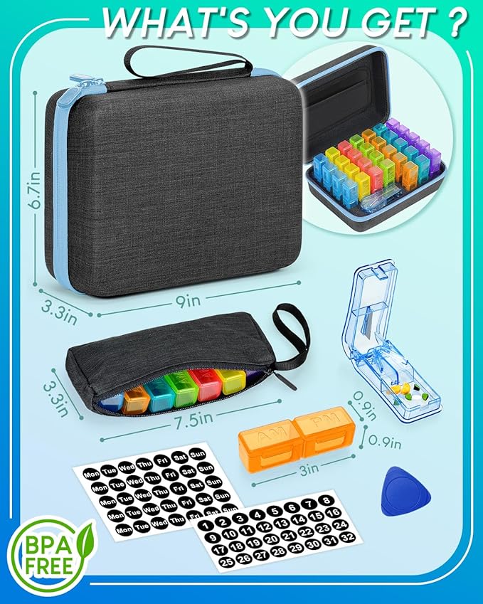 Monthly Pill Organizer 2 Times a Day with Weekly Pill Bags, Portable Hard Shell Case, Pill Cutter & Opener Pick, Monthly and Weekly Stickers for Medication Management (Blue, 2 Times a Day)