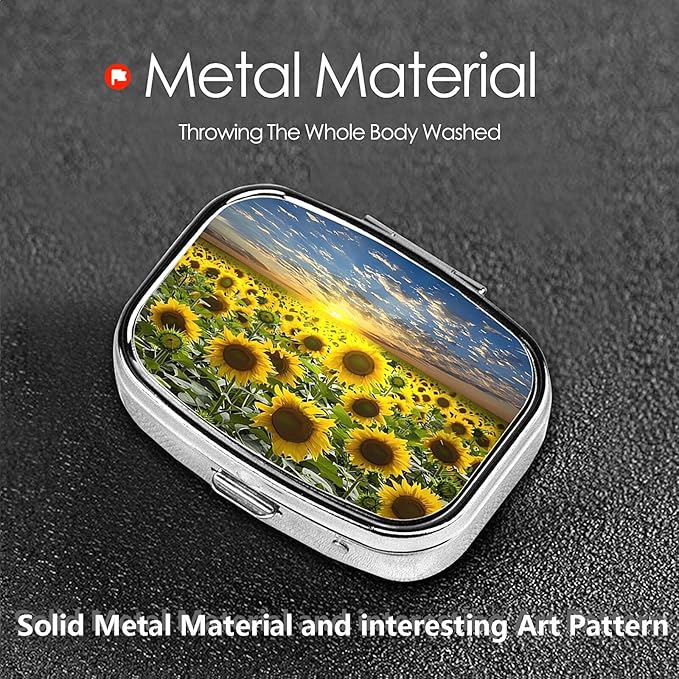 ABLESKY Pill Box, 2 Compartment Pill Organizer Case for Pocket or Purse, Small Portable Metal Travel Medicine Box with Mirror, Daily Vitamins Fish Oil Container-Sunflower