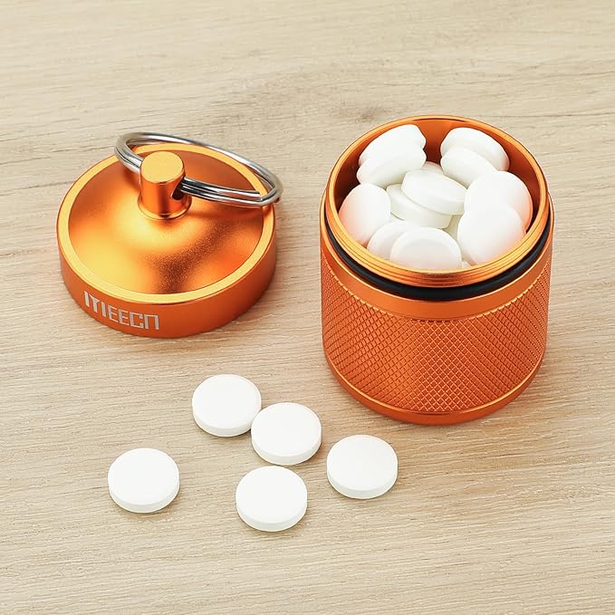 Keychain Pill Holder, Box, Aluminum, Waterproof Container, Pill Organizer for Outdoor Travel Camping, Size: 1.6 x 1.6 x 2 in (Orange)