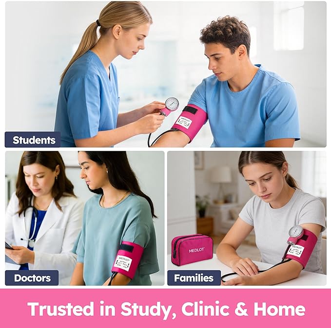 LotFancy Manual Blood Pressure Cuff Adult with D-Ring, Professional BP Cuff 10"-16", Standard Adult Size Sphygmomanometer with Carrying Case for Home Medical, Nursing Student, Doctor, Nurse, Pink